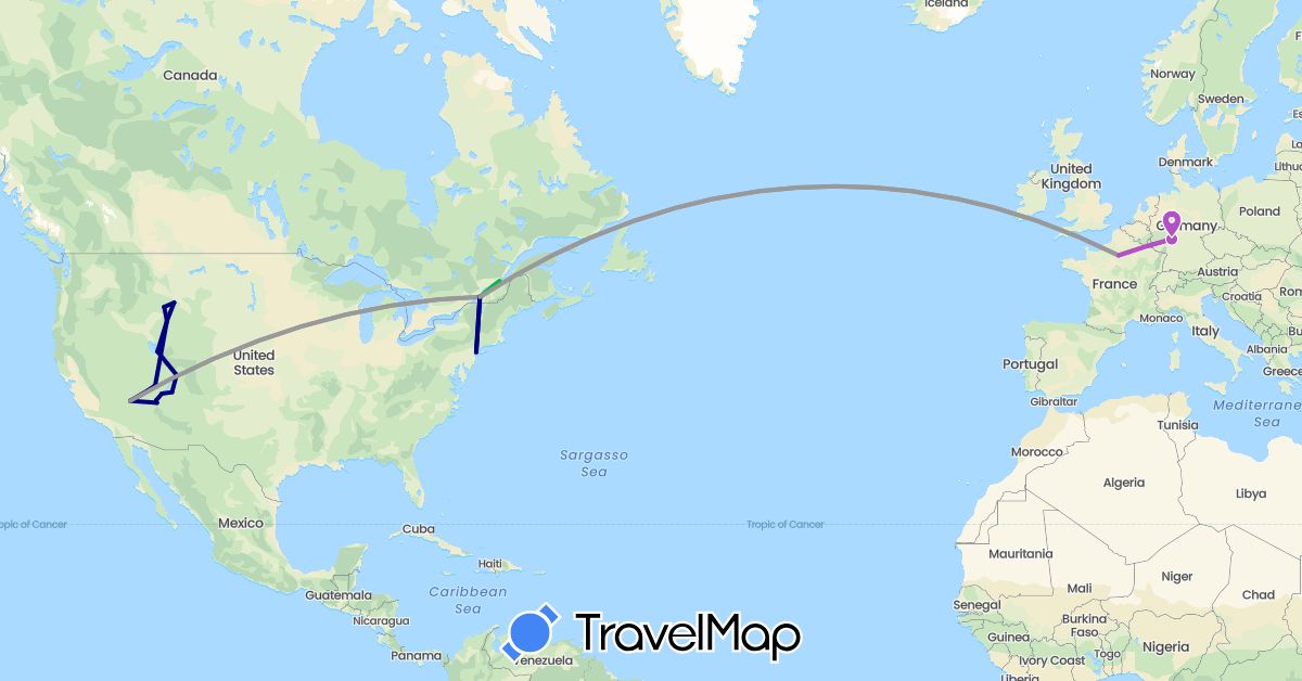 TravelMap itinerary: driving, bus, plane, train in Canada, Germany, France, United States (Europe, North America)